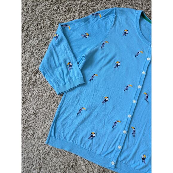 NWOT Talbots Crew Neck Cardigan Womens XL Blue Cotton Embroidered Toucan Coastal - Picture 6 of 7